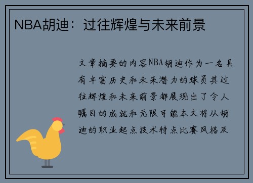 NBA胡迪：过往辉煌与未来前景